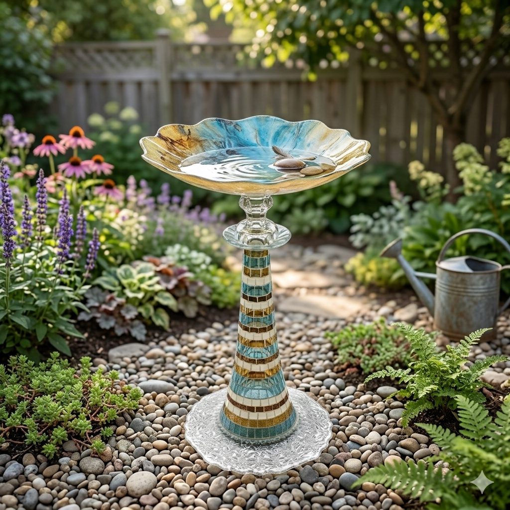 Blue & Gold Birdbath